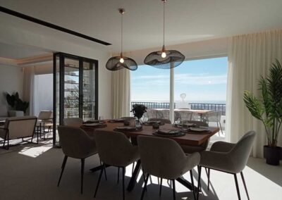 Comedor clásico moderno con terraza. En tonos gris, blanco, negro y madera.