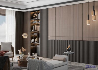 Salón elegante con tonos madera, gris y beige.